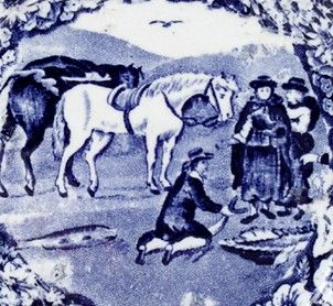 Detail of blue plate showing an illustration of Sarah Ponsonby and Eleanor Butler © Norena Shopland