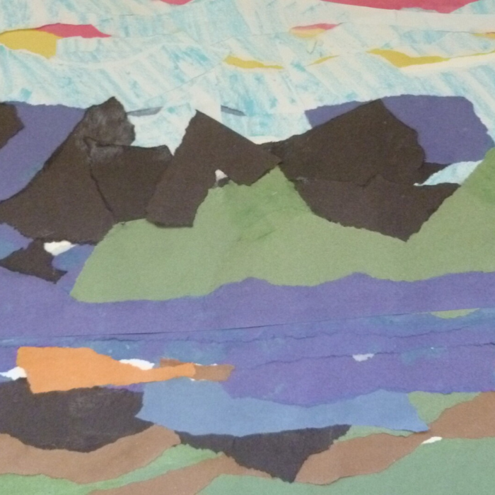 Photograph of an example torn paper landscape made from coloured paper