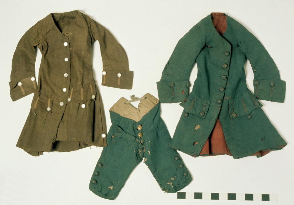 Brown linen frock coat, c. 1750, and blue woollen suit, c. 1750-4