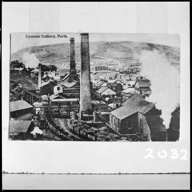 Black and white film negative of a photograph showing a surface view of Cymmer Colliery, Porth.  &#039;Cymmer&#039; is transcribed from original negative bag.