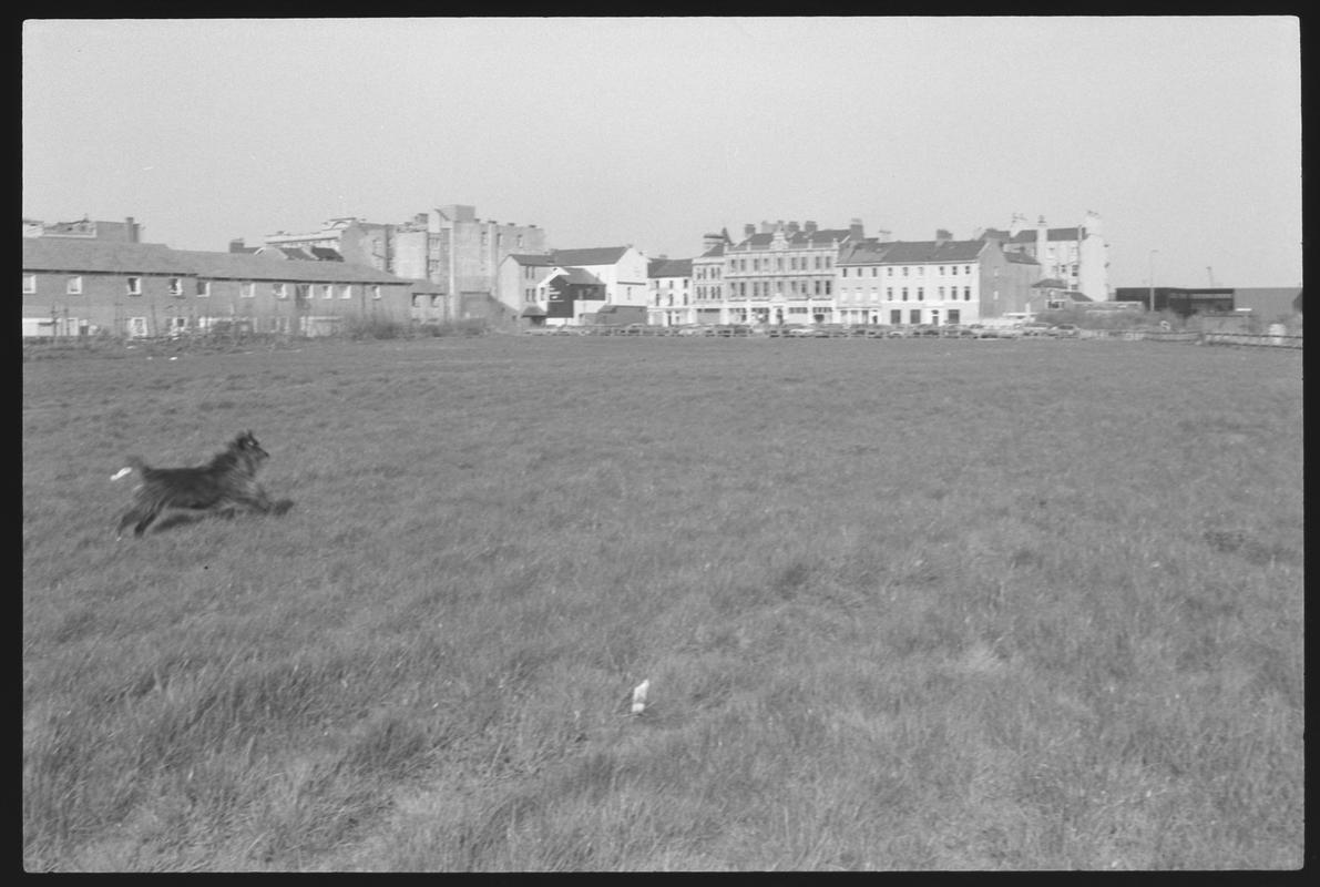 View across waste ground to Bute Street and the Welsh Industrial and Maritime Museum building. Site of proposed new road.