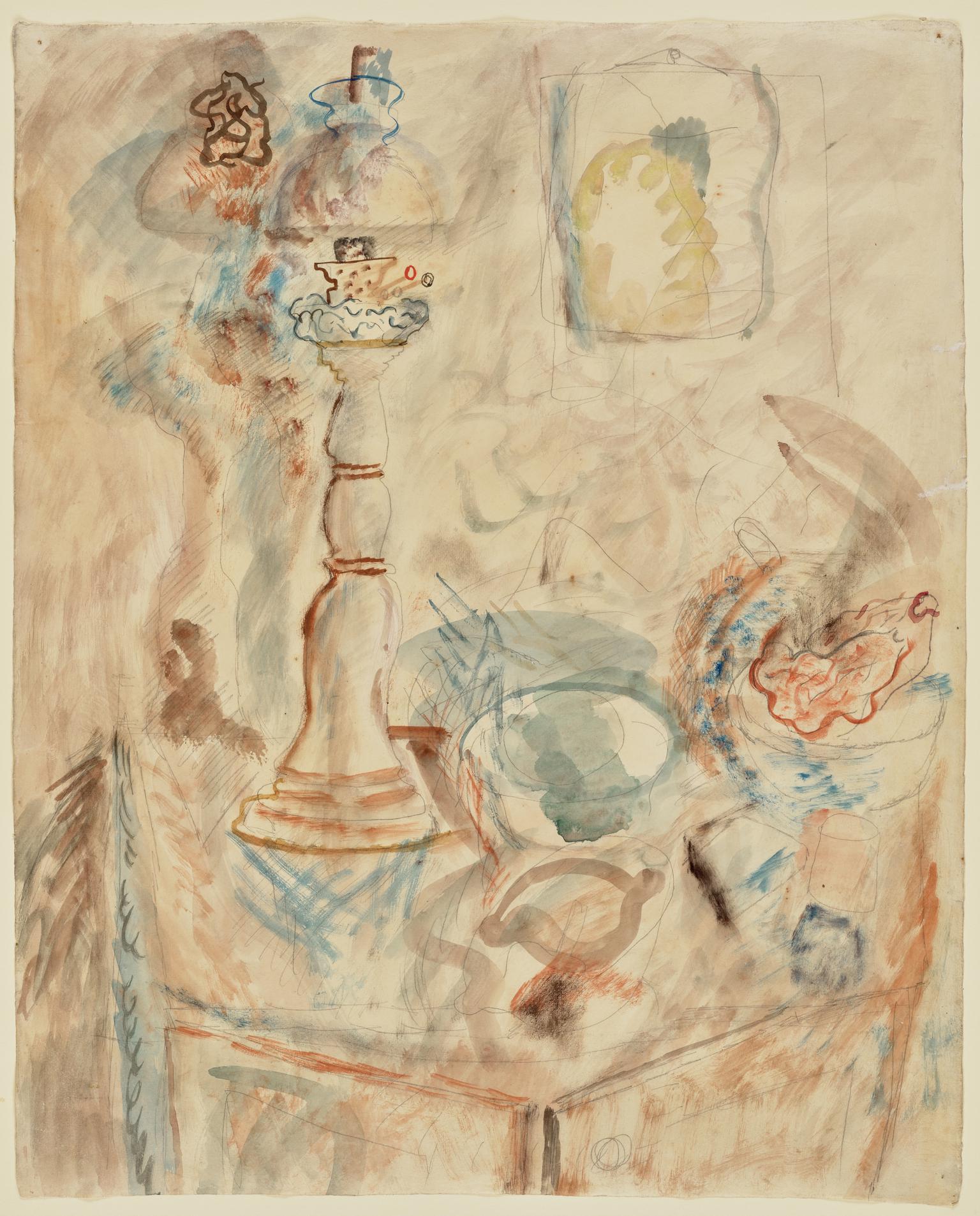 Still life with lamp on table