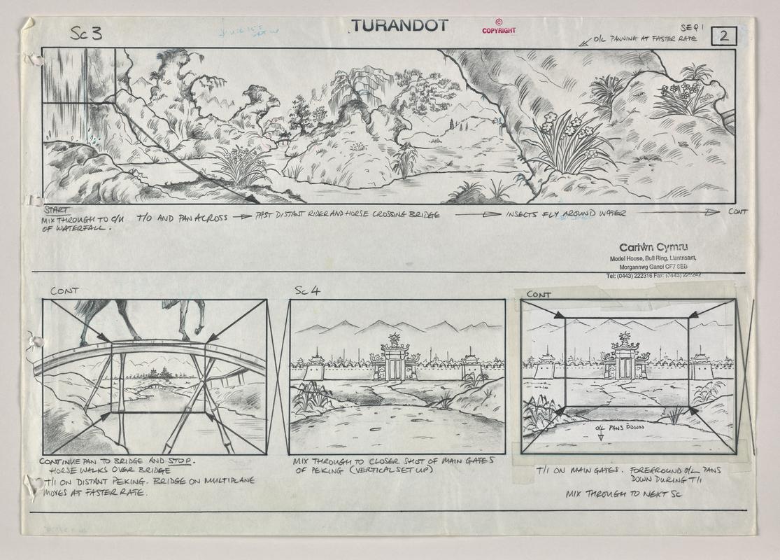 Storyboard page showing five opening scenes from the animation Turandot. Stamped with production company name.