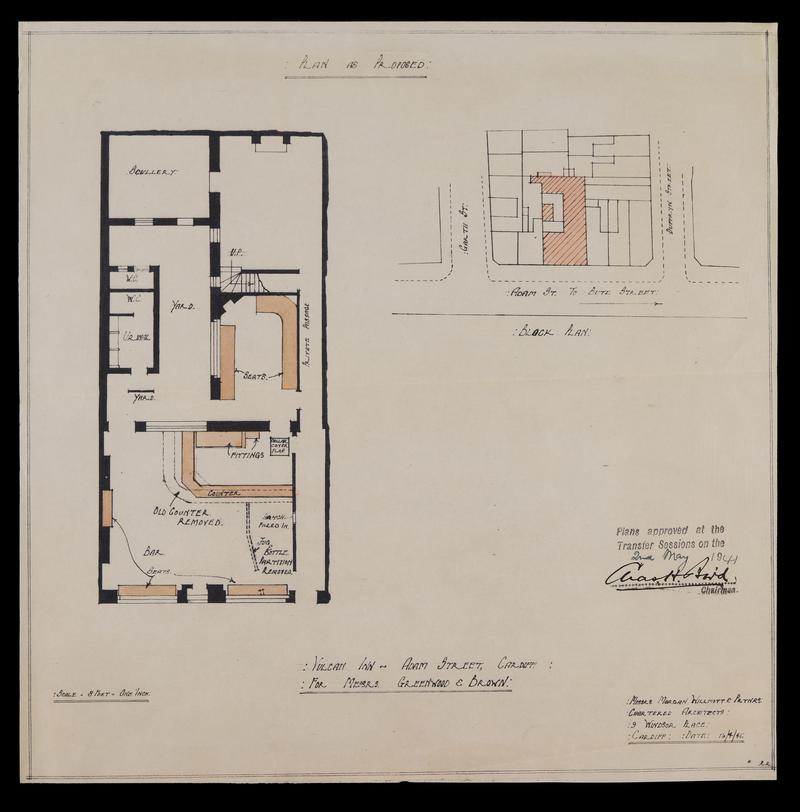 Architectural plan of The Vulcan Hotel Labelled &#039;Vulcan Inn. For Messrs Greenwood &amp; Brown&#039;. Submitted as part of Planning Application. Approved May 1941