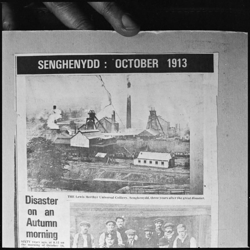 Black and white film negative showing Universal Colliery, Senghenydd &#039;three years after the great disaster&#039; of 1913, photographed from a publication.