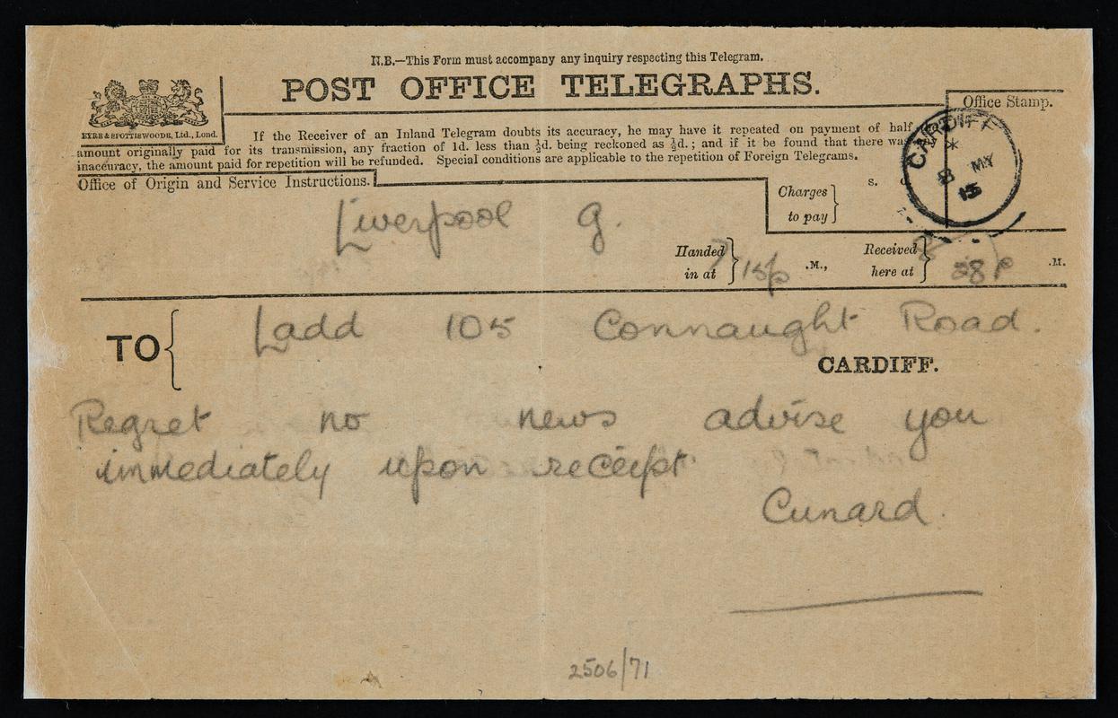 Papers concerning Owen Ladd of Winnipeg, formerly of Clynderwen, Pembrokeshire. He was a victim of the Lusitania disaster.
