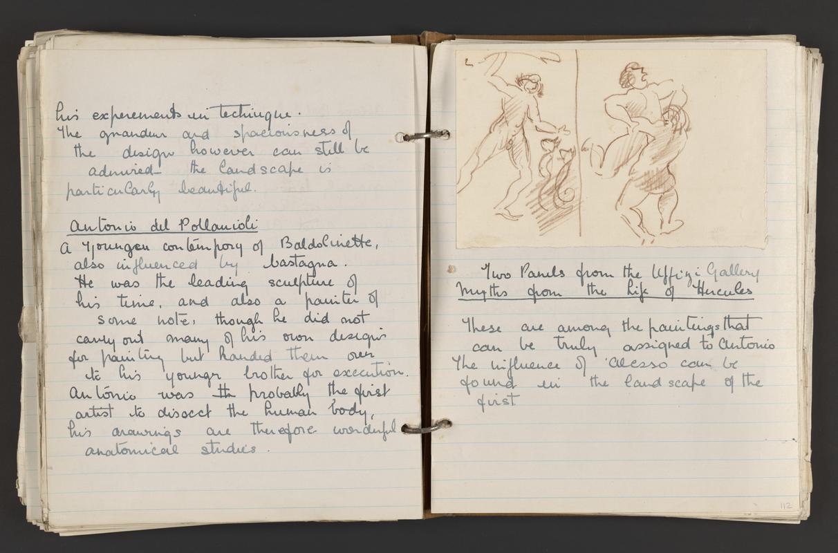 Sketchbook: art history notes from Slade with cartoonish drawings