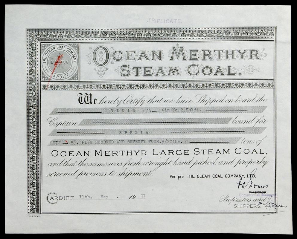 Ocean Merthyr Steam Coal shipping note