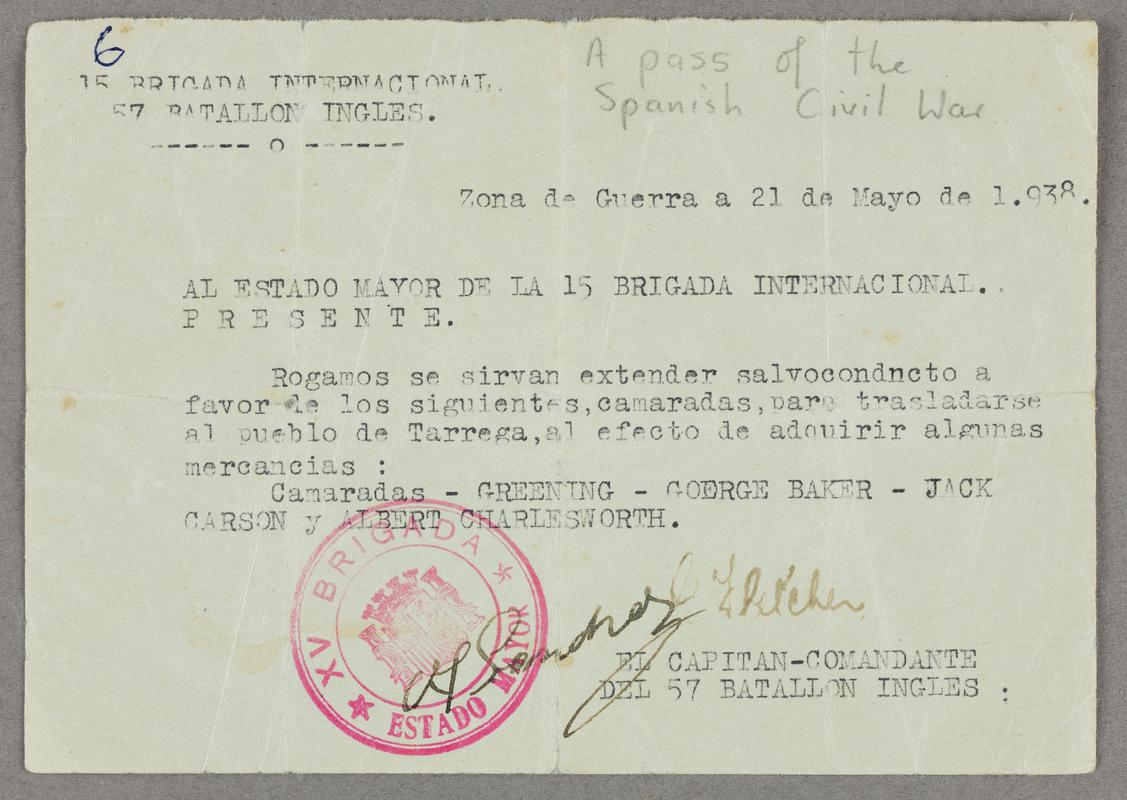 Military pass issued to Edwin Greening and others, dated 21 May 1938. Black type on white paper with red ink stamp.