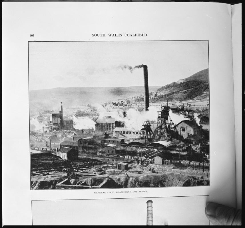 Black and white film negative showing a general surface view of Glamorgan Colliery, photographed from a publication.  &#039;Glamorgan Colliery&#039; is transcribed from original negative bag.