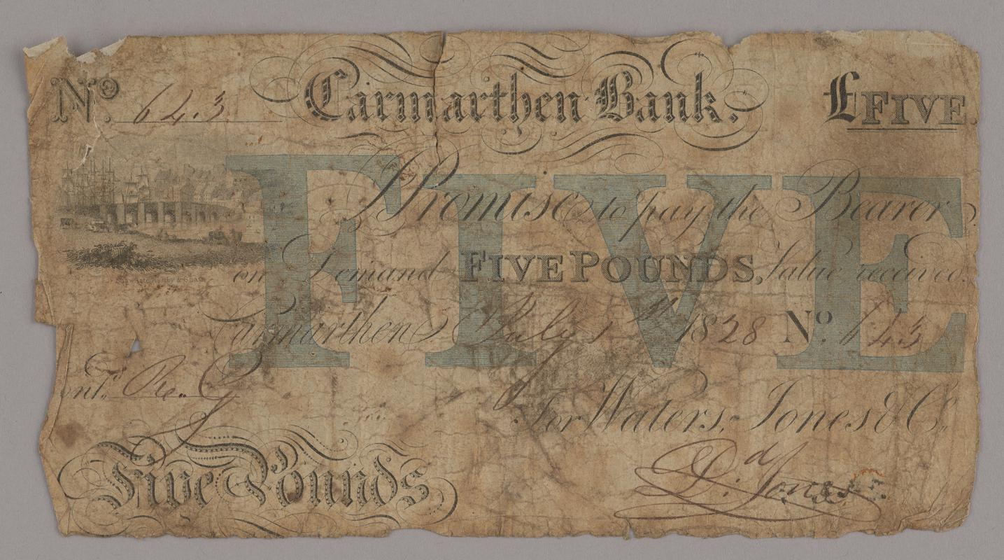 Carmarthen Bank five pounds bank note, 1828