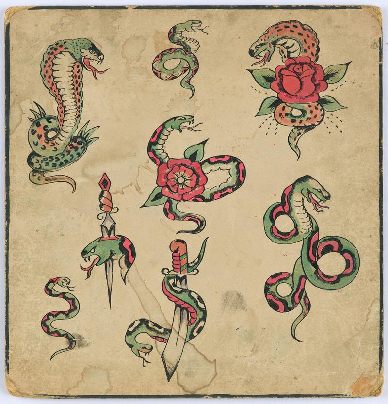 Jessie Knight tattoo flash with snakes and dagger designs.