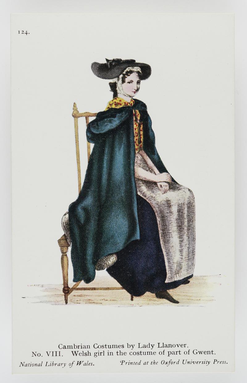 Colour drawing.  No. VIII.  Welsh girl in the costume of part of Gwent.  (NLW No. 124)