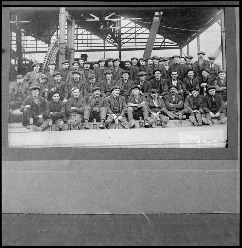 Black and white film negative of a photograph showing a large group of miners, Bargoed Colliery.  &#039;Bargoed&#039; is transcribed from original negative bag.