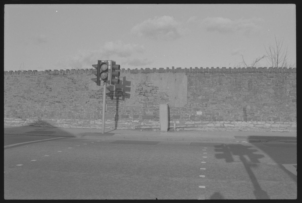 Traffic lights in middle of Bute Street, opposite junction of road under bridge to Collingdon Road, Butetown.