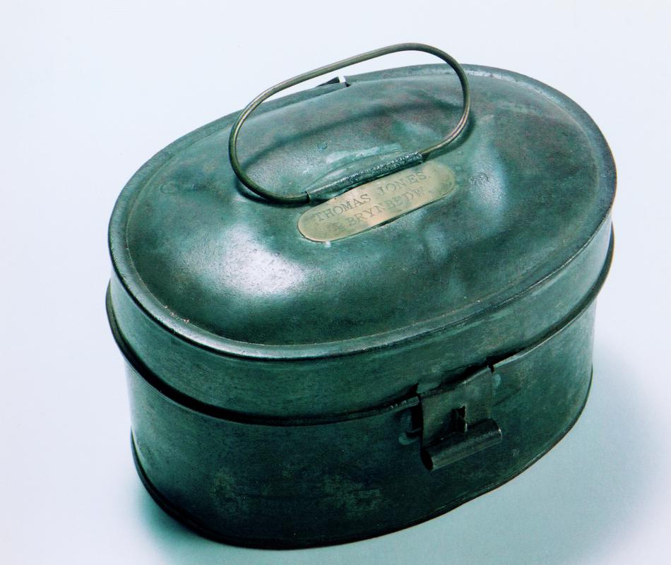 Tin food box belonging to Thomas Jones, Brynbedw