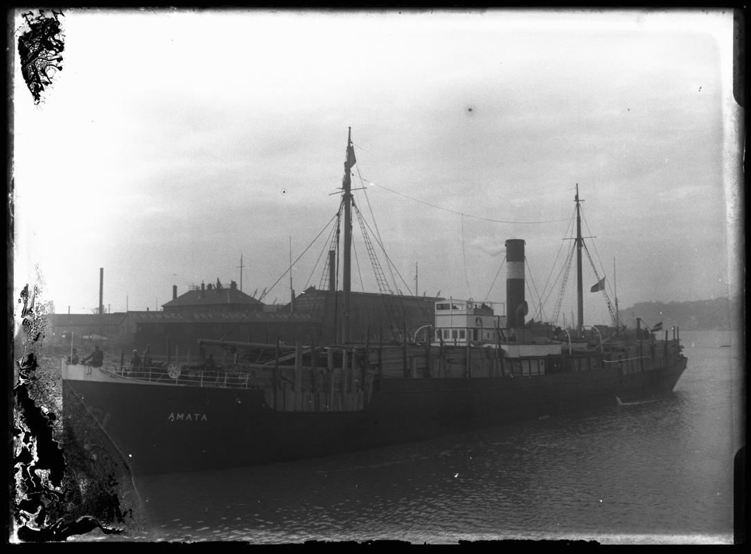 3/4 port bow view of S.S. AMATA at Cardiff Docks, c.1936