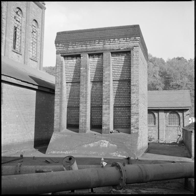 Black and white film negative showing Celynen North Colliery buildings, 11 October 1975.  &#039;Celynen North 11 Oct 1975&#039; is transcribed from original negative bag.