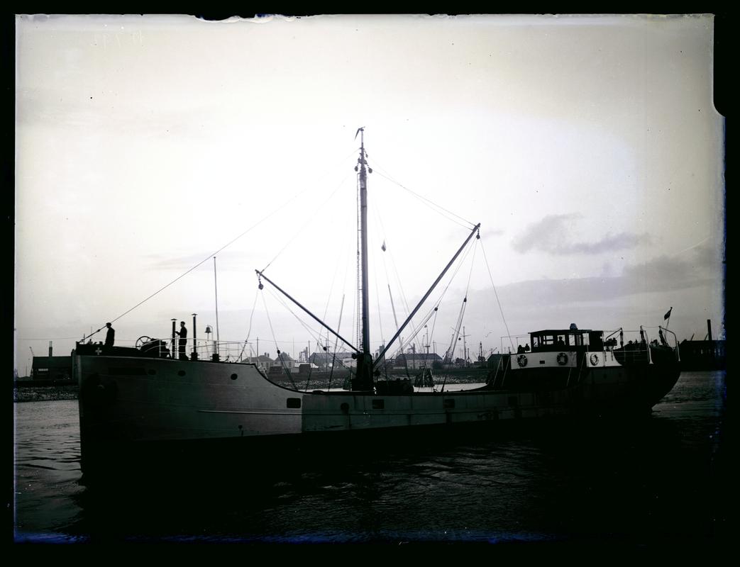 Starboard broadside view of M.V. BERNINA at Cardiff Docks, c.1936.