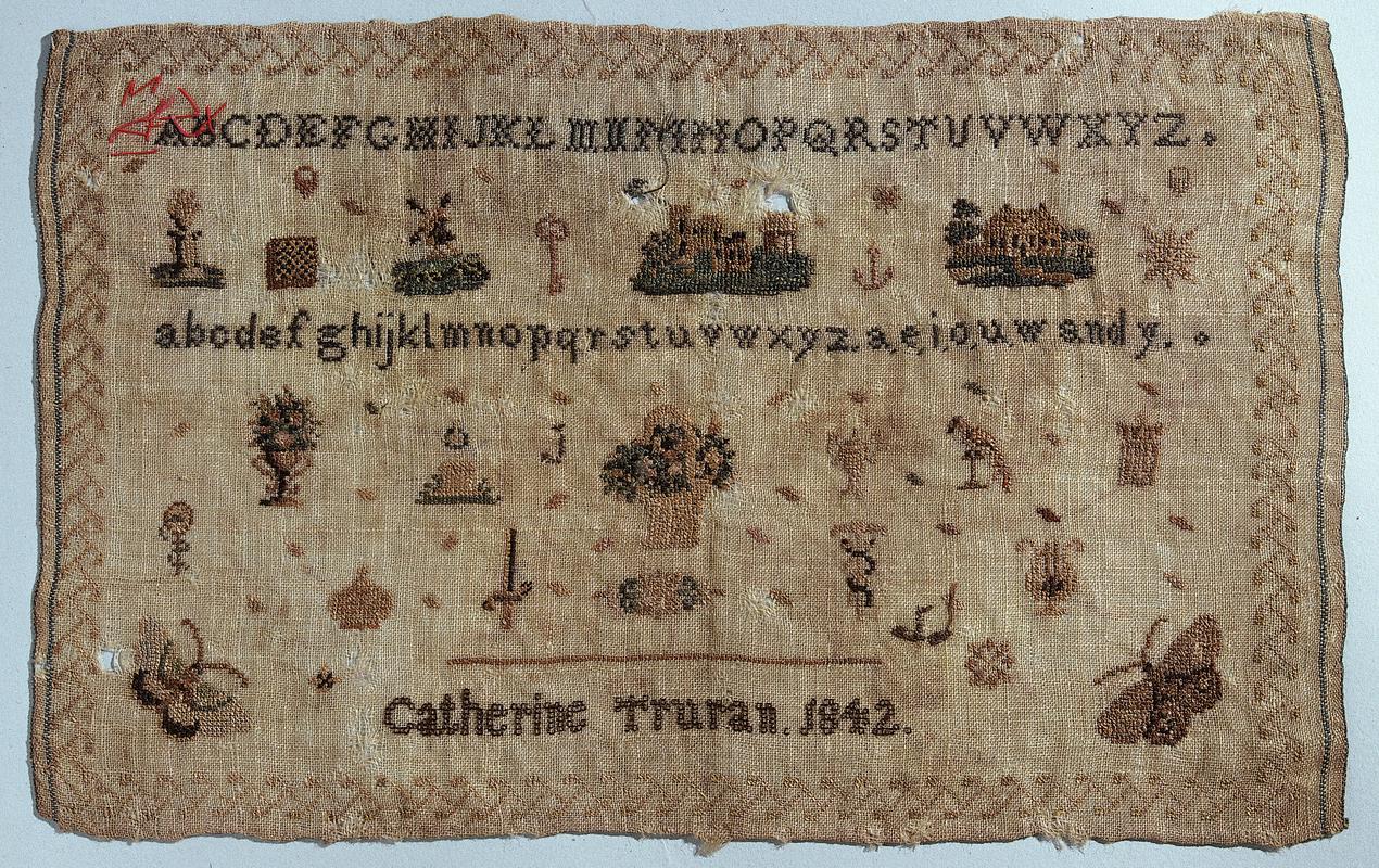 Sampler (motifs, pictorial &amp; alphabet), made in Cardiff, 1842