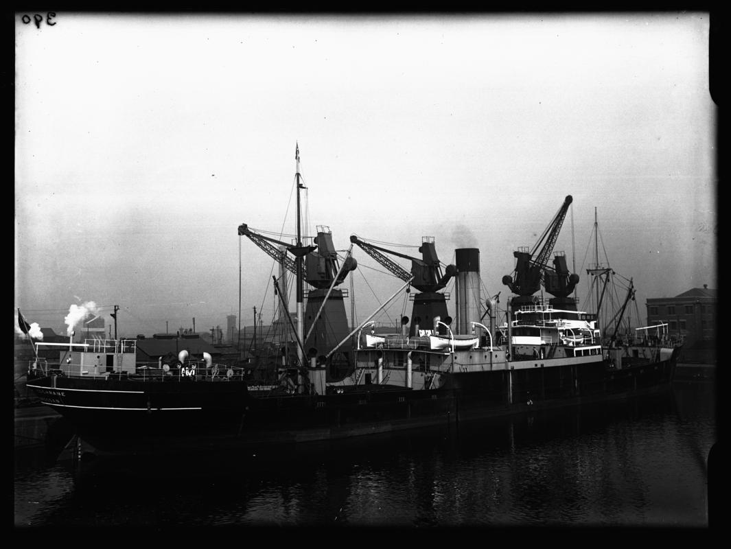 3/4 starboard stern view of S.S. BARON COCHRANE at Cardiff Docks, c.1936.