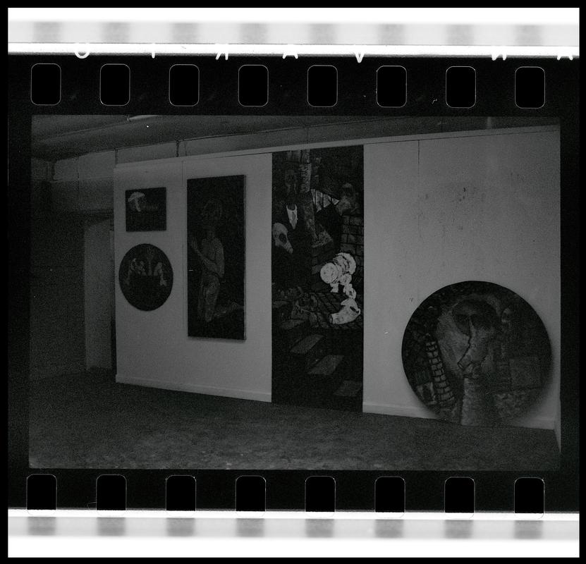 Interior of &#039;AADW&#039; Workshop, with artwork displayed on the walls. (Association of Artists and Designers in Wales Print Workshop).