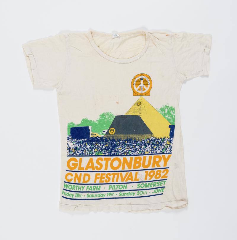 T-shirt for &#039;Glastonbury CND Festival 1982&#039;. Held at Worthy Farm, Pilton, Somerset, 18 - 20 June 1982. Worn by Thalia Campbell.