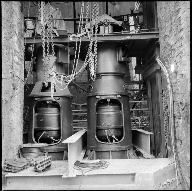Black and white film negative showing the two sulphur pumps at Llanover which replaced the two Davey steam pumps in 1932.  &#039;Llanover 22/10/75&#039; is transcribed from original negative bag.