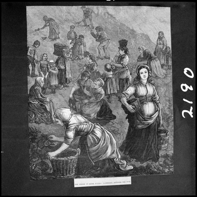Black and white film negative of a sketched illustration from a publication showing women during a strike, photographed from a newspaper publication.  &#039;Coal strike&#039;  is transcribed from original negative bag.
