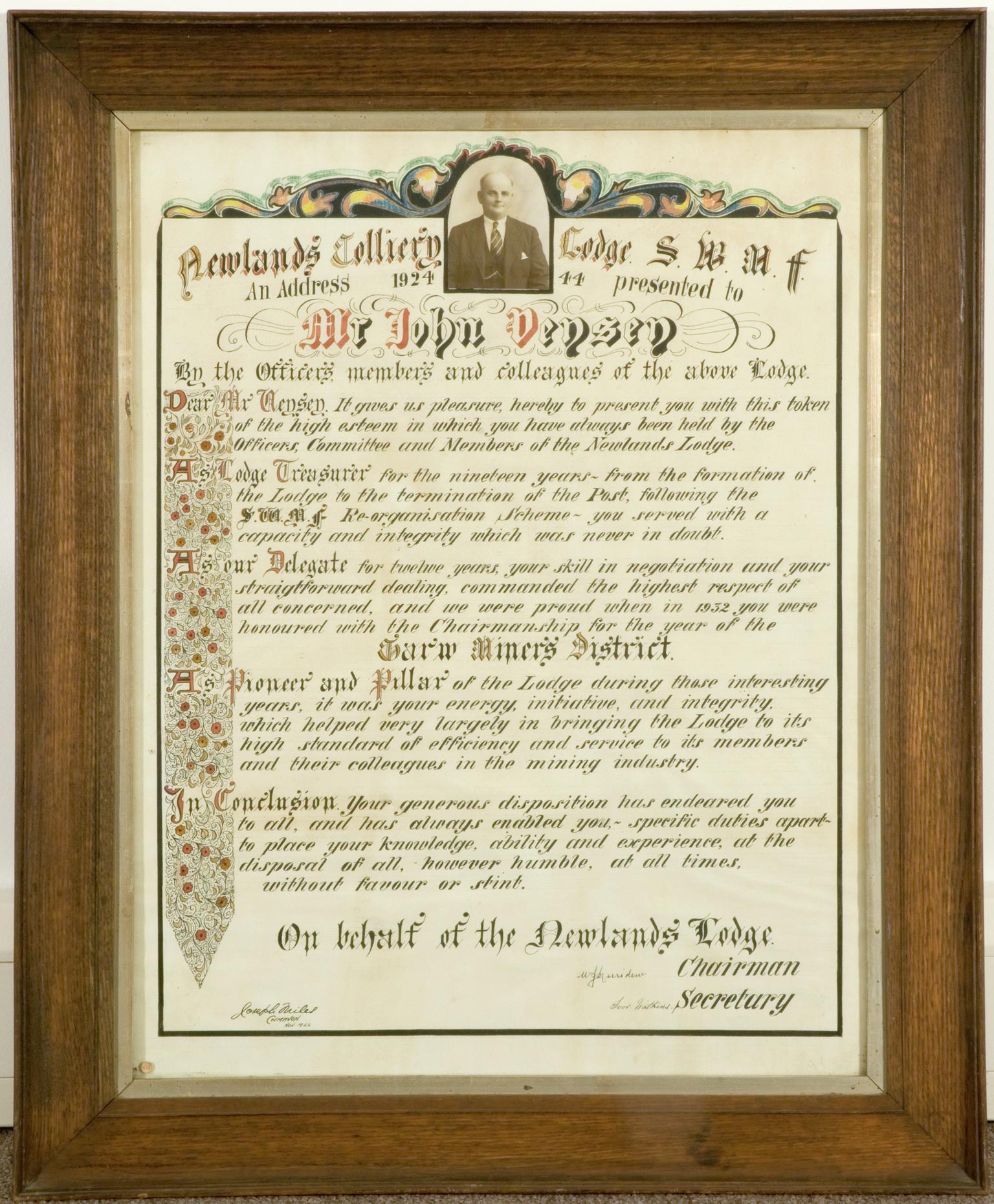 Illuminated address to Mr John Veysey, 1944