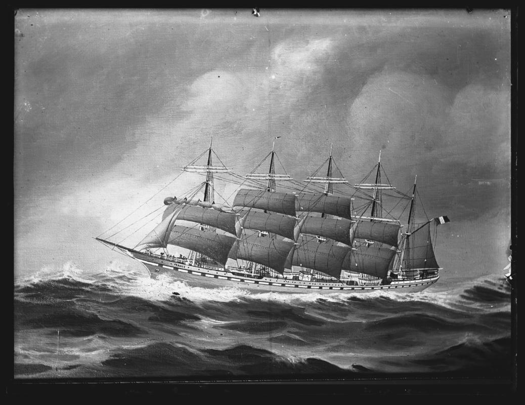 Photograph of a painting showing a port broadside view of the five-masted barque FRANCE.