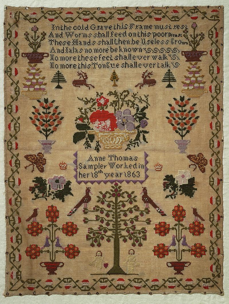 Sampler (verse, motifs &amp; pictorial), made in the Swansea Valley, 1863