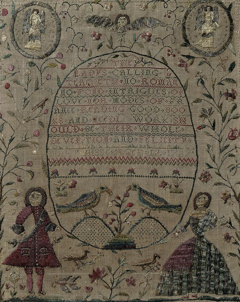 Sampler (verse, stitches &amp; pictorial), made in Wales, 1727