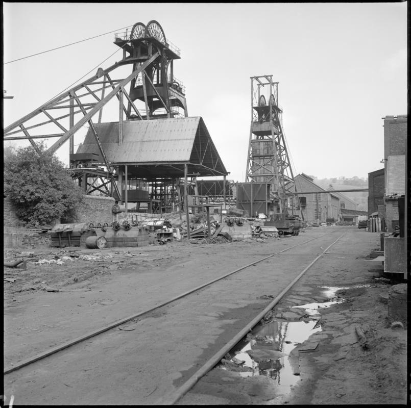 Black and white film negative showing a view of the downcast and upcast shafts, Bargoed Colliery 20 May 1977.  &#039;Bargoed-Glam 20 May 1977&#039; is transcribed from original negative bag.