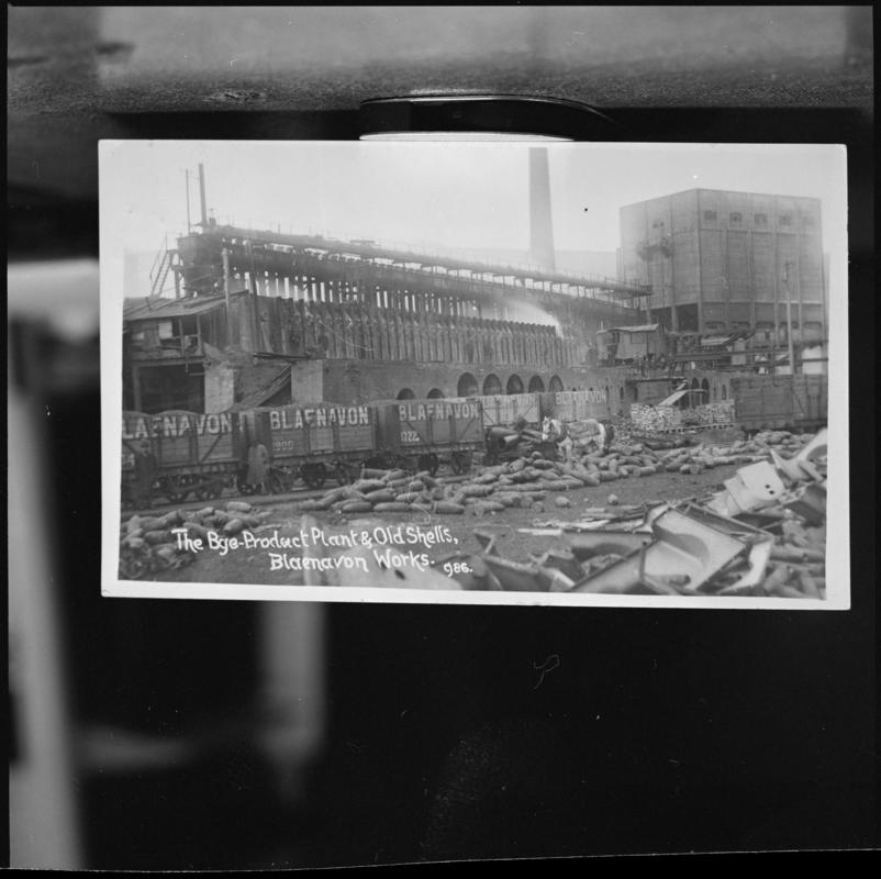 Black and white film negative of a photograph showing &#039;the By Product Plant &amp; Old Shells, Blaenavon Works.&#039;