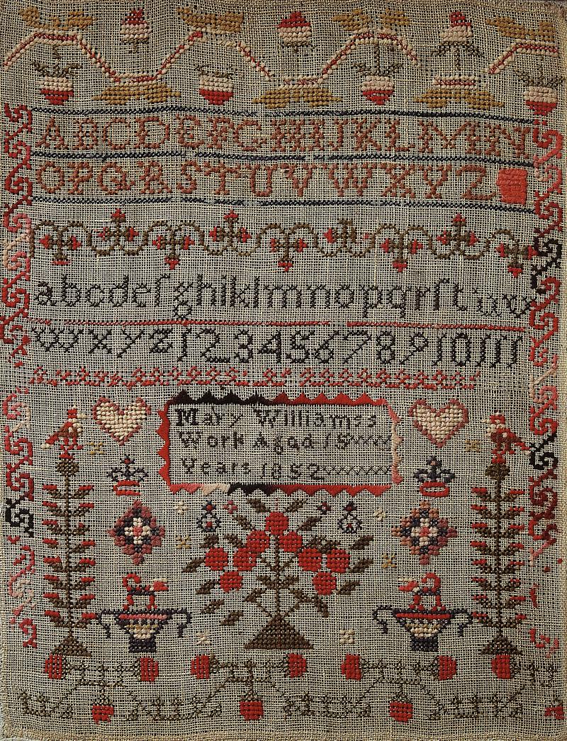 Sampler (motifs &amp; alphabet), made in Llandeilo, 1852