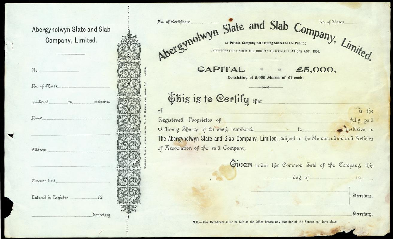 Share Certificate &quot;The Abergynolwyn Slate and Slab Company Limited&quot;