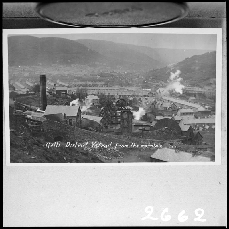 Black and white film negative of a photograph showing a surface view Gelli Colliery, Ystrad.  &#039;Gelli Ystrad&#039; is transcribed from original negative bag.