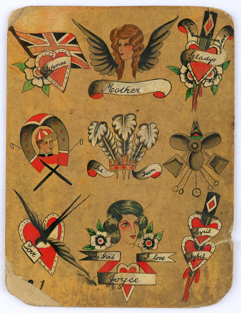 Jessie Knight tattoo flash. Nine images of flash on card. The top middle image depicts a woman’s head and wings with the text, ‘Mother’. The central image is of three feathers, and the bottom middle image depicts a woman’s face with the text, ‘The Girl I love, Joyce’. Other images include hearts, Union Jack flag, horse shoe, ship, and heart and dagger with the text, ‘Cyril / Sybil’. The text, ‘D Brenda’ and pencil drawings are on the reverse.