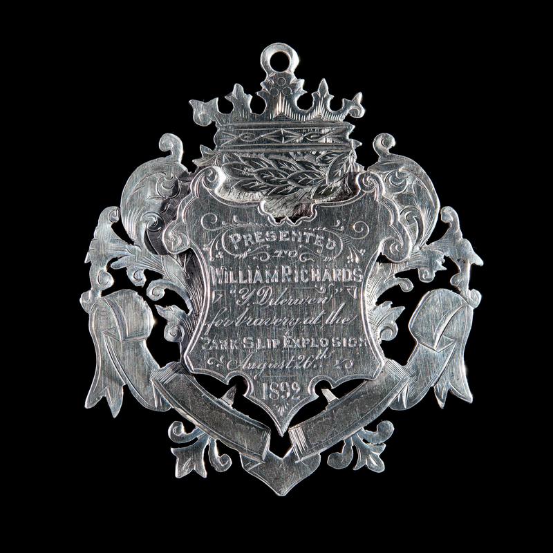 Silver medal given to William Richards for bravery during the Parc Slip Explosion