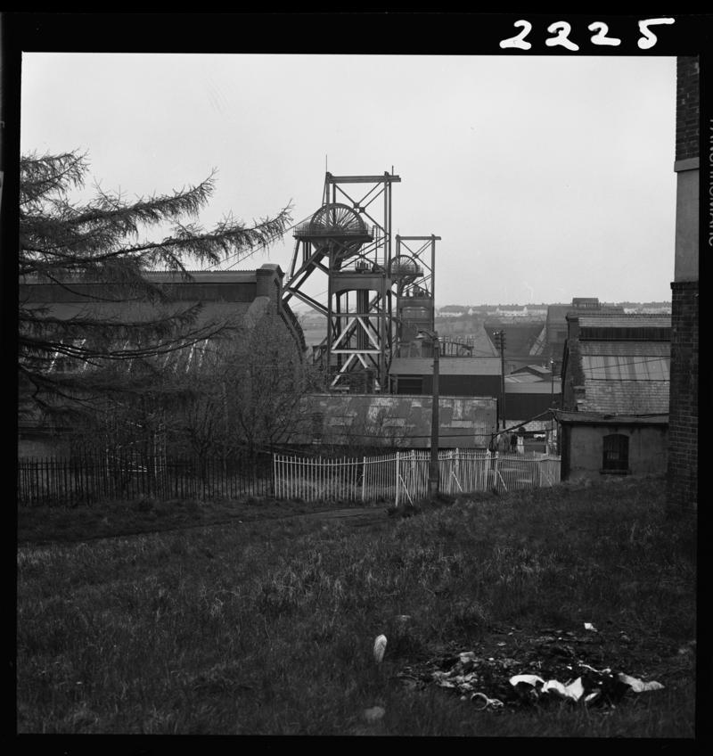 Black and white film negative showing the downcast and upcast shafts, Penallta Colliery, 9 April 1981.