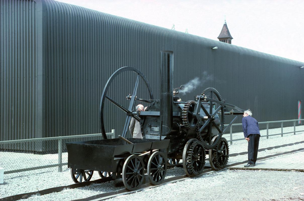 Replica of Trevithick&#039;s Penydarren locomotive at WIMM at its inauguration in 1981
