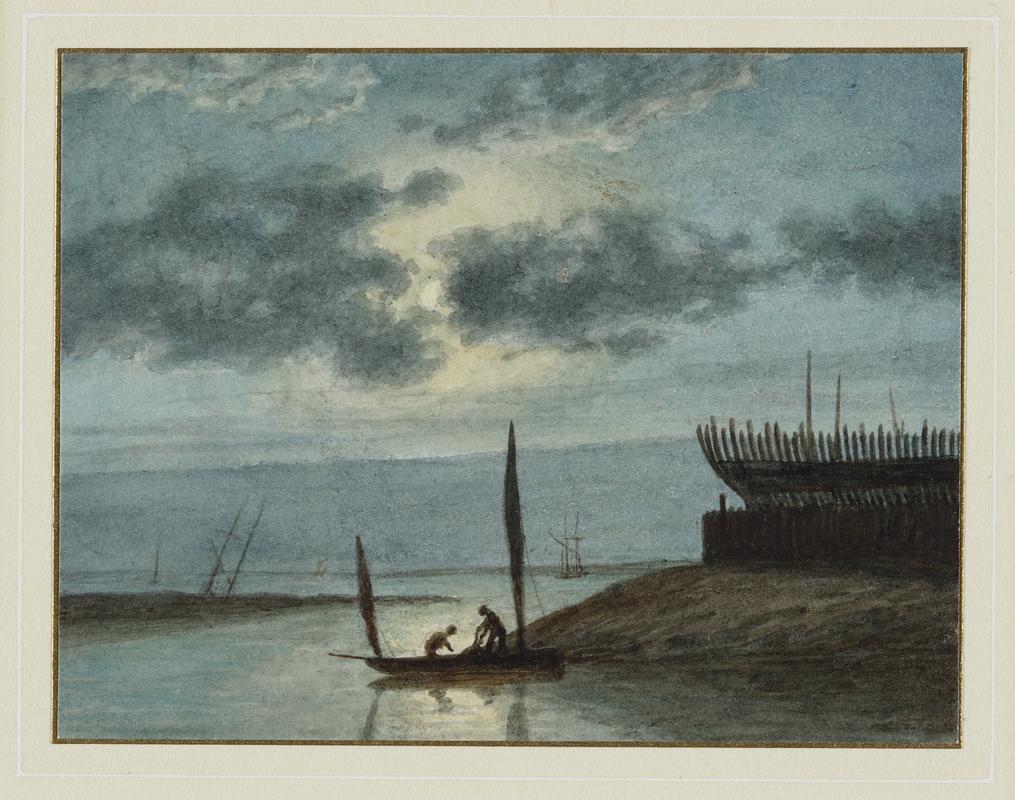 Boat builder&#039;s yard at Cardiff, by moonlight