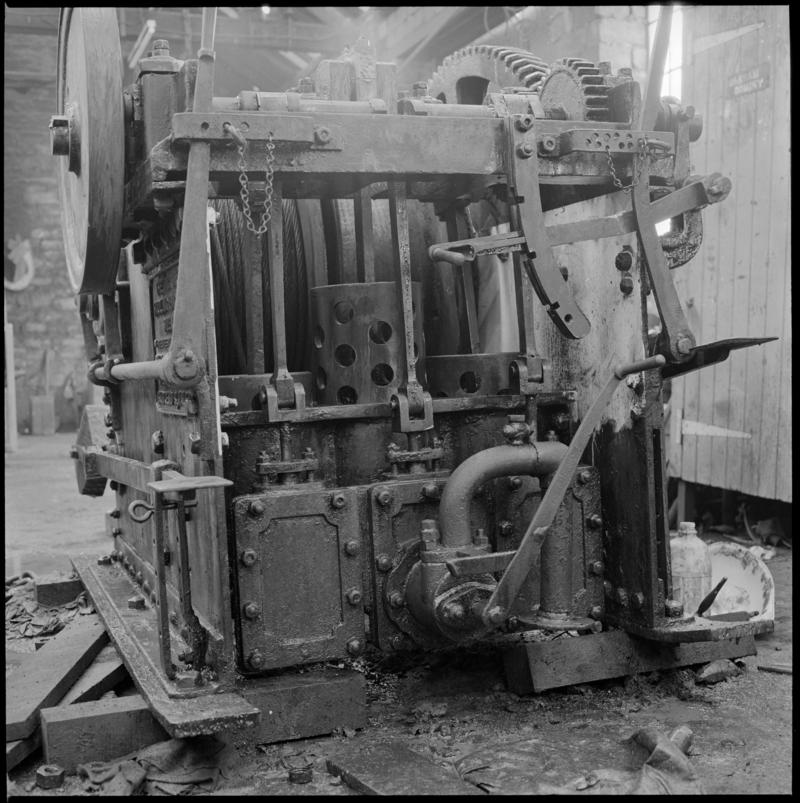 Black and white film negative showing a vertical three cylinder haulage engine at Coegnant Colliery.  It was made by Sheppards of Bridgend.  &#039;25 Nov 1981&#039; is transcribed from original negative bag.
