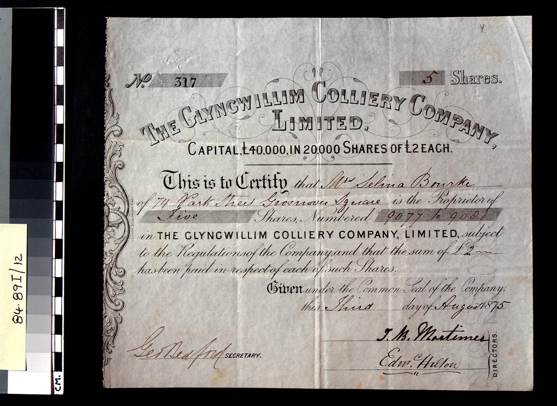 Glyngwillim Colliery Company Limited, share cert.