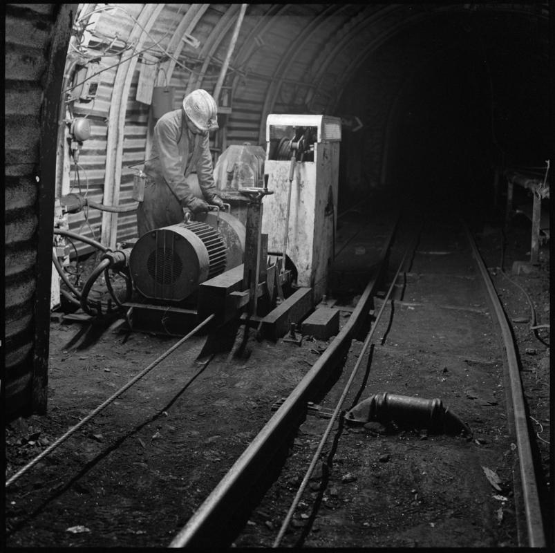 Black and white film negative showing a haulage engine? underground at Treforgan Colliery.  &#039;Treforgan&#039; is transcribed from original negative bag.