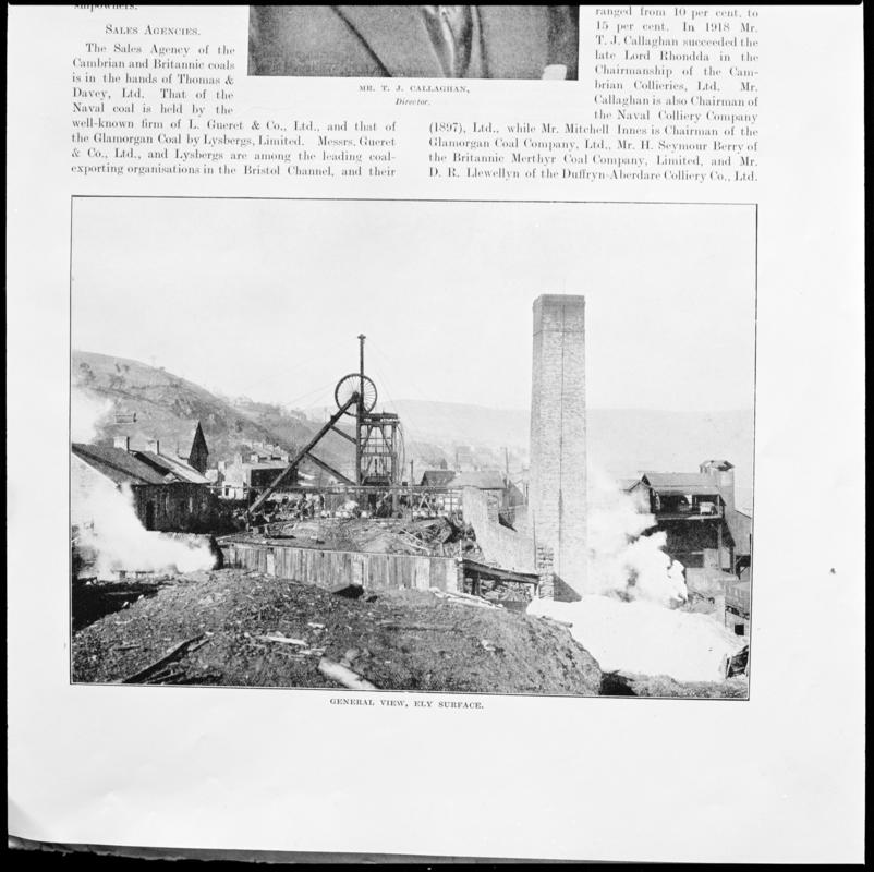 Black and white film negative showing a general surface view of Ely Colliery, photographed from a publication. &#039;Ely Colliery&#039; is transcribed from original negative bag.