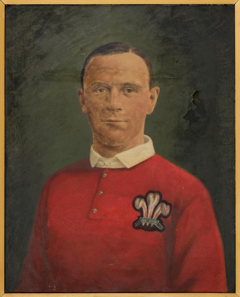 Framed painting - oil painting of Welsh Rugby International Willie Spiller.  &quot;presented to W. Spiller, by a few friends, in commemoration of his attaining his Welsh Cap. 26th April 1911.&quot;