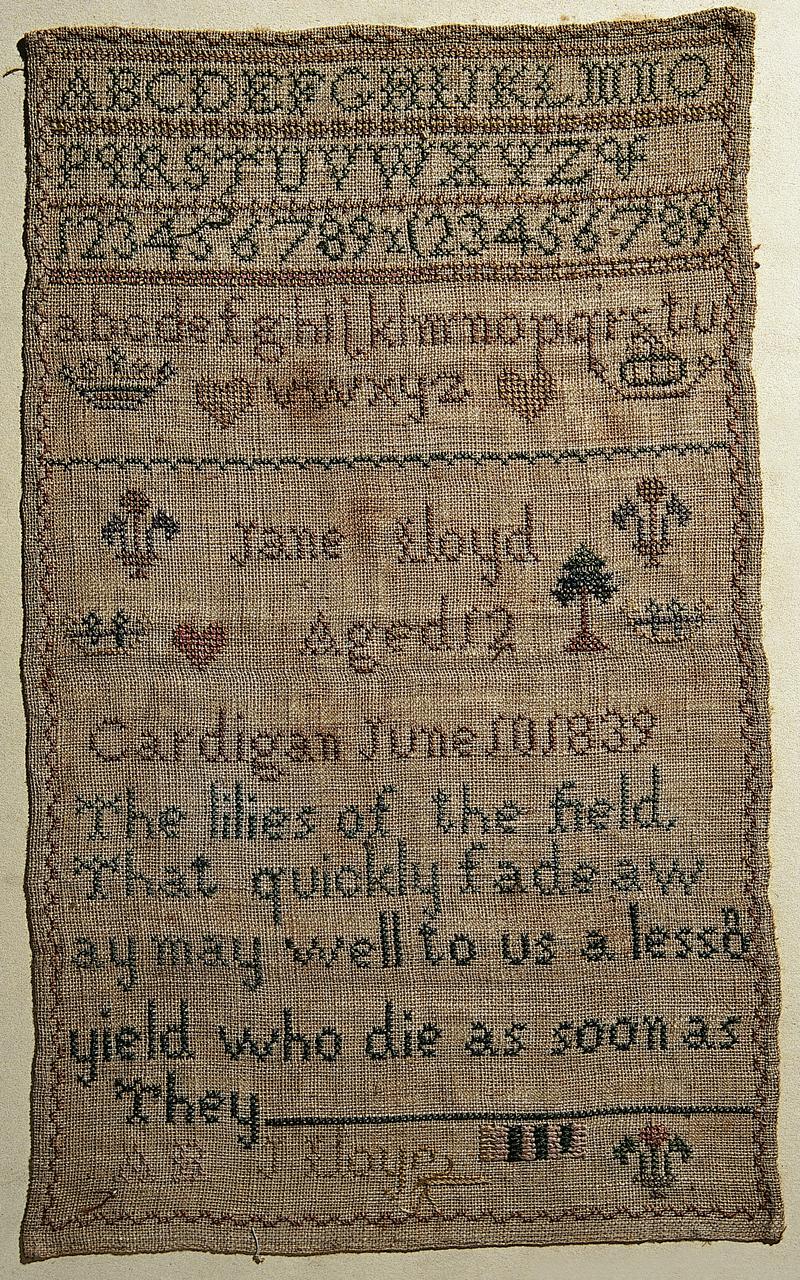 Sampler (alphabet &amp; verse), made in Cardigan, 1839