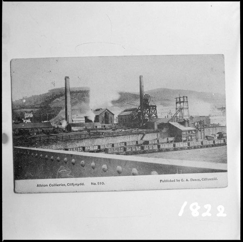 Black and white film negative of a photograph showing a surface view of Albion Colliery, Cilfynydd.   It was sunk in the 1880s and closed in 1966.  &#039;Albion Colliery&#039; is transcribed from original negative bag.
